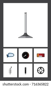Flat Icon Component Set Of Headlight, Belt, Auto Component And Other Vector Objects. Also Includes Valve, Absorber, Tachometr Elements.