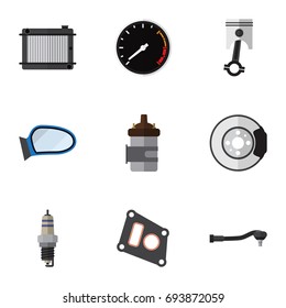 Flat Icon Component Set Of Spare Parts, Gasket, Heater And Other Vector Objects. Also Includes Speed, Thermostat, Engine Elements.