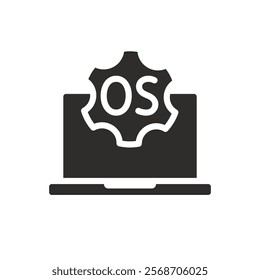 flat icon of computer with instal OS, tech symbol, operating system, laptop and gear, vector icons