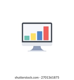 Ícone plano de uma tela de computador exibindo um gráfico de barras colorido. Simboliza análise de dados, crescimento financeiro, emissão de relatórios de negócios, estatísticas ou métricas de desempenho.