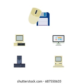 Flat Icon Computer Set Of Computer Mouse, Computing, Display And Other Vector Objects. Also Includes Screen, Retro, Keyboard Elements.