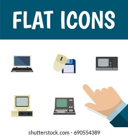Flat Icon Computer Set Of Computer Mouse, Vintage Hardware, Notebook And Other Vector Objects. Also Includes Retro, Computer, Floppy Elements.