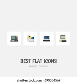 Flat Icon Computer Set Of Computer Mouse, Computer, Notebook And Other Vector Objects. Also Includes Mouse, PC, Vintage Elements.