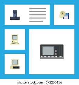 Flat Icon Computer Set Of Computer Mouse, Vintage Hardware, Computer And Other Vector Objects. Also Includes PC, Retro, Computing Elements.