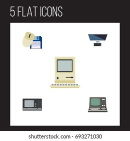 Flat Icon Computer Set Of Computer Mouse, Computing, Vintage Hardware And Other Vector Objects. Also Includes Computing, Floppy, Retro Elements.
