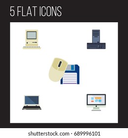 Flat Icon Computer Set Of Notebook, Processor, Display And Other Vector Objects. Also Includes Computing, Laptop, Processor Elements.