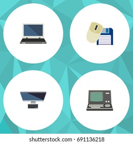Flat Icon Computer Set Of Notebook, Technology, Computer Mouse And Other Vector Objects. Also Includes Computer, Floppy, Mouse Elements.