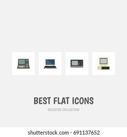Flat Icon Computer Set Of Notebook, Vintage Hardware, Technology And Other Vector Objects. Also Includes Retro, Computer, Laptop Elements.