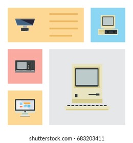 Flat Icon Computer Set Of PC, Vintage Hardware, Computing And Other Vector Objects. Also Includes Screen, Computer, Monitor Elements.