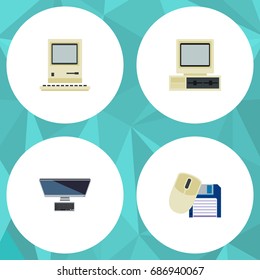 Flat Icon Computer Set Of PC, Computer Mouse, Computer And Other Vector Objects. Also Includes Personal, Computing, Retro Elements.