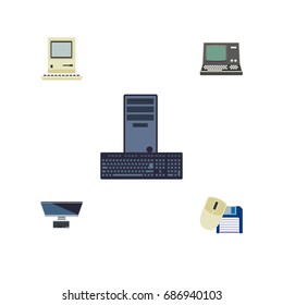 Flat Icon Computer Set Of Processor, PC, Computer Mouse And Other Vector Objects. Also Includes Floppy, Processor, Vintage Elements.