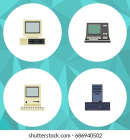Flat Icon Computer Set Of Processor, Technology, Computing And Other Vector Objects. Also Includes Vintage, Retro, Processor Elements.