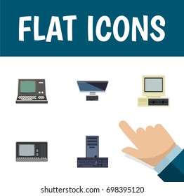 Flat Icon Computer Set Of Processor, PC, Vintage Hardware And Other Vector Objects. Also Includes Personal, PC, Keyboard Elements.