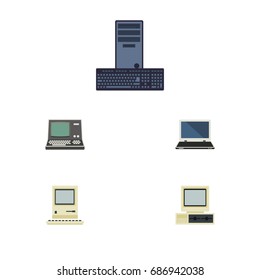 Flat Icon Computer Set Of Technology, Processor, Computer And Other Vector Objects. Also Includes Notebook, Retro, Computer Elements.