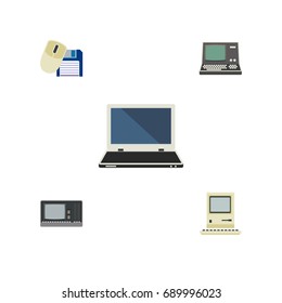 Flat Icon Computer Set Of Technology, Notebook, Vintage Hardware And Other Vector Objects. Also Includes Floppy, Vintage, Laptop Elements.