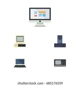 Flat Icon Computer Set Of Vintage Hardware, Processor, Notebook And Other Vector Objects. Also Includes PC, Display, Notebook Elements.