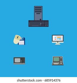 Flat Icon Computer Set Of Vintage Hardware, Processor, Display And Other Vector Objects. Also Includes Processor, Display, Vintage Elements.