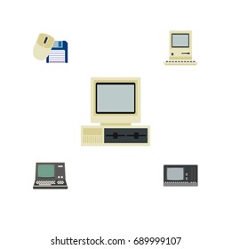 Flat Icon Computer Set Of Vintage Hardware, Computing, Computer And Other Vector Objects. Also Includes Floppy, Vintage, Computing Elements.