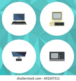 Flat Icon Computer Set Of Computer, Vintage Hardware, Notebook And Other Vector Objects. Also Includes Vintage, Computer, Personal Elements.