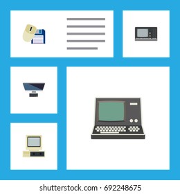 Flat Icon Computer Set Of Vintage Hardware, PC, Computer And Other Vector Objects. Also Includes Computer, Mouse, Retro Elements.