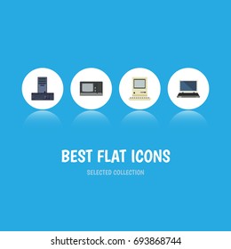 Flat Icon Computer Set Of Vintage Hardware, Computing, Notebook And Other Vector Objects. Also Includes Processor, Notebook, Computer Elements.
