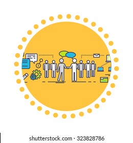 Flat icon concept of business partnership. Partner and teamwork, team people, cooperation and contract, deal handshake, professional corporate agreement illustration. Set of thin, lines icons