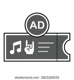 A flat icon of a concert ticket featuring a musical note and a rock hand gesture symbol. Perfect for event planning, live music promotion, and entertainment design.