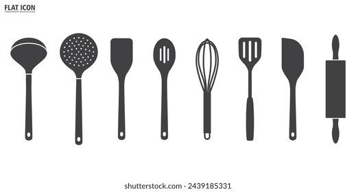 Icono plano de herramientas de cocina, vector de utensilios de cocina, alimentos de cocina e iconos de cocina establecidos en estilo plano. ilustración vectorial en fondo transparente.