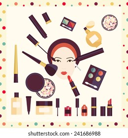 Flat icon of cosmetics product. Vector flat design of make up. Vector flat design of make up procedure. Make up. Make up elements. Make up vector details. Flat illustration of make up.