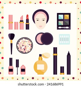 Flat icon of cosmetics product. Vector flat design of make up. Vector flat design of make up procedure. Make up. Make up elements. Make up vector details. Flat illustration of make up.