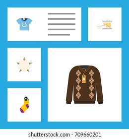 Flat Icon Cotton Set Of Blouse, Hosiery, Bud And Other Vector Objects. Also Includes Socks, Pullover, Skein Elements.