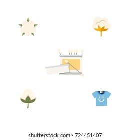 Flat Icon Cotton Set Of Blouse, Bud, Knitting And Other Vector Objects. Also Includes Yarn, Bud, Blouse Elements.