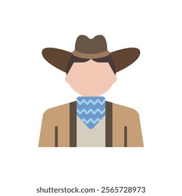 Flat icon of a Cowboy wearing a hat and Western outfit in cartoon style. Avatar. Perfect for wild west, country, and character design projects. Ideal for apps and websites.