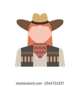 Flat icon of a Cowgirl wearing a hat and Western outfit in cartoon style. Avatar. Perfect for wild west, country, and character design projects. Ideal for apps and websites.