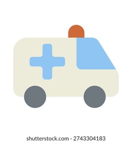 Flat icon of a creamcolored ambulance with a blue cross