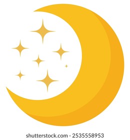 Flat icon of crescent moon and glitter isolated on white background.
