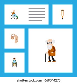 Flat Icon Cripple Set Of Ancestor, Disabled Person, Stand Vector Objects. Also Includes Ancestor, Hearing, Crutch Elements.