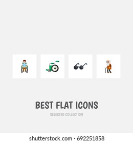 Flat Icon Cripple Set Of Disabled Person, Spectacles, Ancestor And Other Vector Objects. Also Includes Sunglasses, Old, Equipment Elements.
