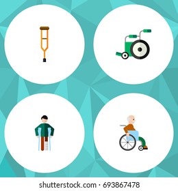 Flat Icon Cripple Set Of Handicapped Man, Injured, Stand Vector Objects. Also Includes Disabled, Disability, Stick Elements.