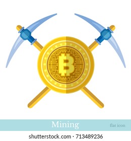 Flat icon with crossed picks and bit coin in center. Mining bit coin business illustration isolated on white