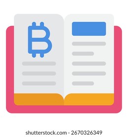 Flat icon of a crypto book symbolizing cryptocurrency education and finance, ideal for fintech websites and marketing.