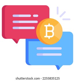 Icono plano del chat criptográfico, burbujas de mensajes con bitcoin