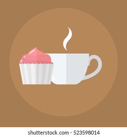 flat icon cup of coffee with cream cake