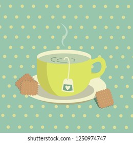 Flat Icon Cup of green tea with cookies. Isolated on green paslel background with yellow dots. Modern vector illustration for web and mobile.