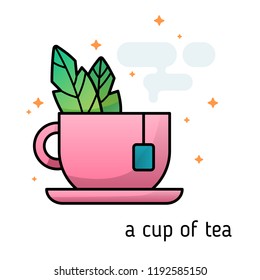 Flat icon cup of tea. Isolated on white background pink cup with tea bag, green leaves and clouds. Trendy vector illustration for web and mobile design