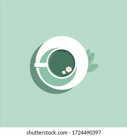 Copa plana de té. Aislado en el fondo verde con una sombra larga. Ilustración vectorial moderna para web y móvil.