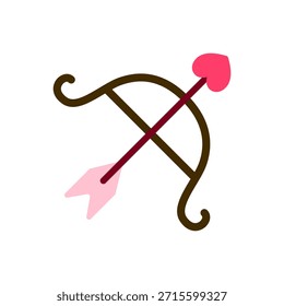 Flat icon of cupid's bow and heart-tipped arrow in romantic tones. Ideal for Valentine themes, matchmaking visuals, love symbols, and playful romance illustrations.