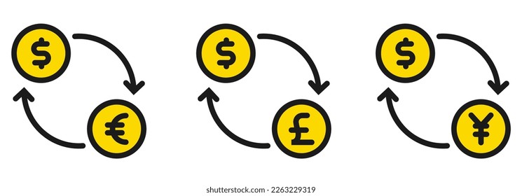 Flaches Symbol Währungswechsler, Dollar, Euro, Pfund, Yen. Vektorgrafik