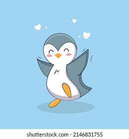 Flat icon cute little penguin with a heart on the blue background