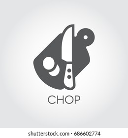 Flat icon of cutting board, knife and pieces of abstract product. Chopping desk - kitchen utensils theme. Vector cooking logo